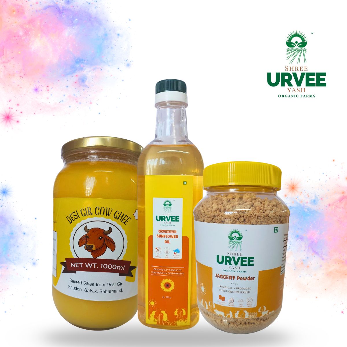 Holi Kitchen Essential Pack (Desi Gir Cow Ghee 1L + Sunflower Oil 1 L + Jaggery Powder 1 Kg)