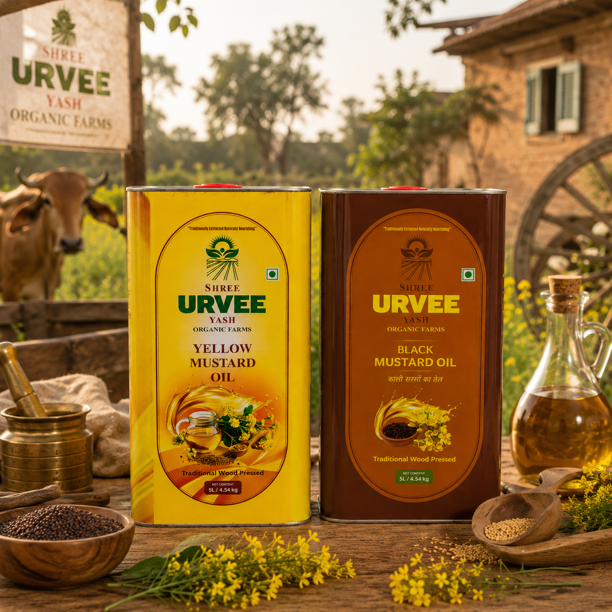 Wood Pressed Yellow Mustard Oil & Black Mustard Oil Family Combo - 5 Litre + 5 Litre