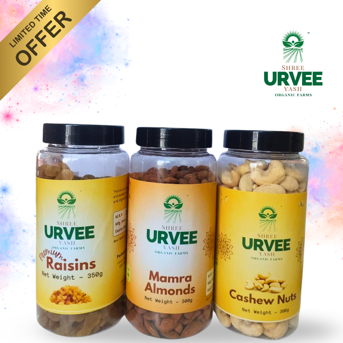 Holi Dry Fruit Offer Trio Pack (Mamra Almonds + Cashew + Raisin)
