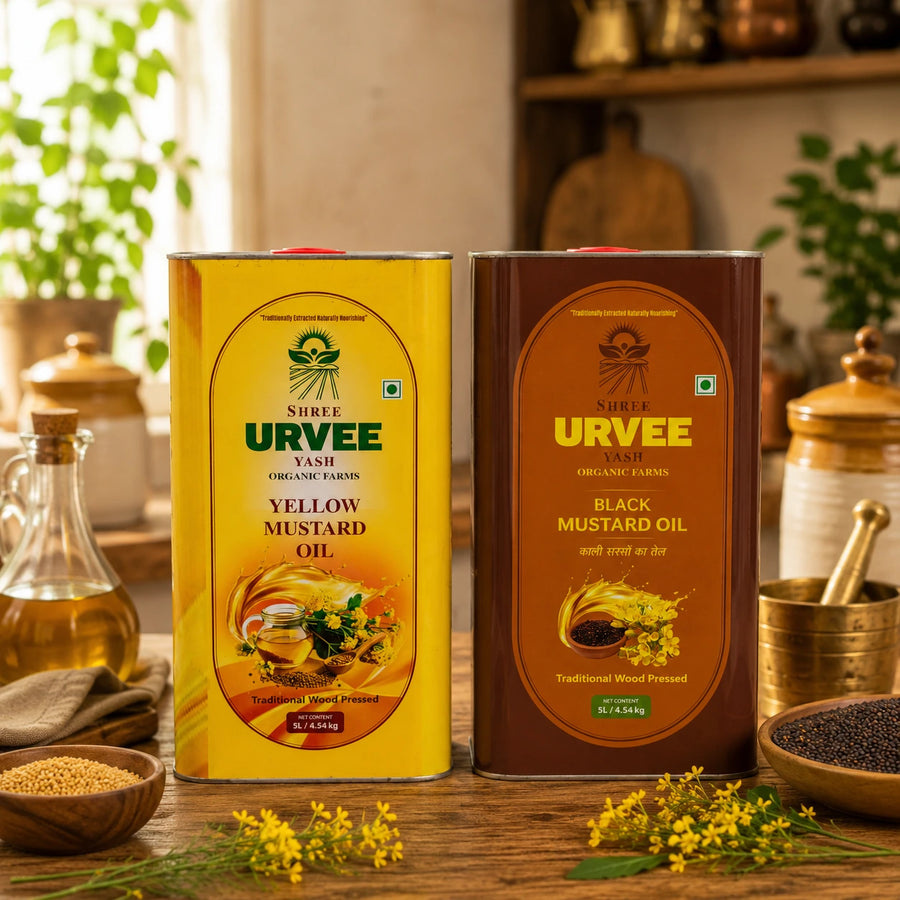 Wood Pressed Yellow Mustard Oil & Black Mustard Oil Family Combo - 5 Litre + 5 Litre